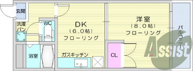 1DK、エアコン、室内洗濯機置場、クローゼット、バストイレ別