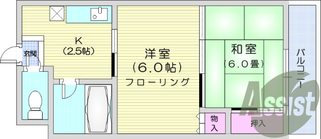 2K、都市ガス、バストイレ別、エアコン、室内洗濯機置き場