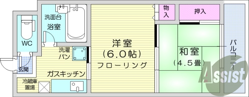 2K、バストイレ別、都市ガス、駐輪場、モニター付インターホン