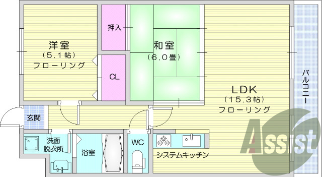 2LDK、オートロック、エアコン、ウォシュレット、洗髪洗面台