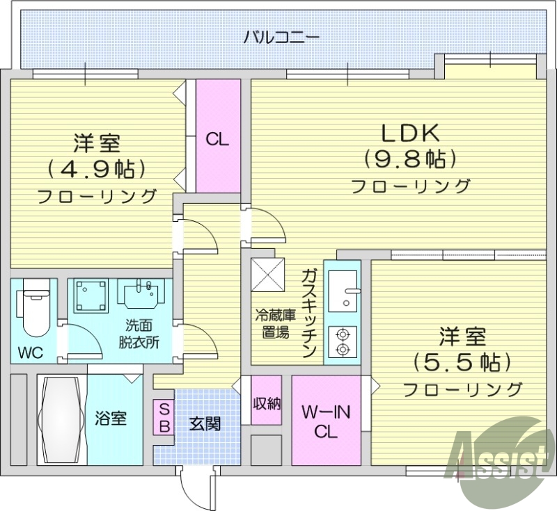 2LDK、バストイレ別、陽当たり良好、室内洗濯置場