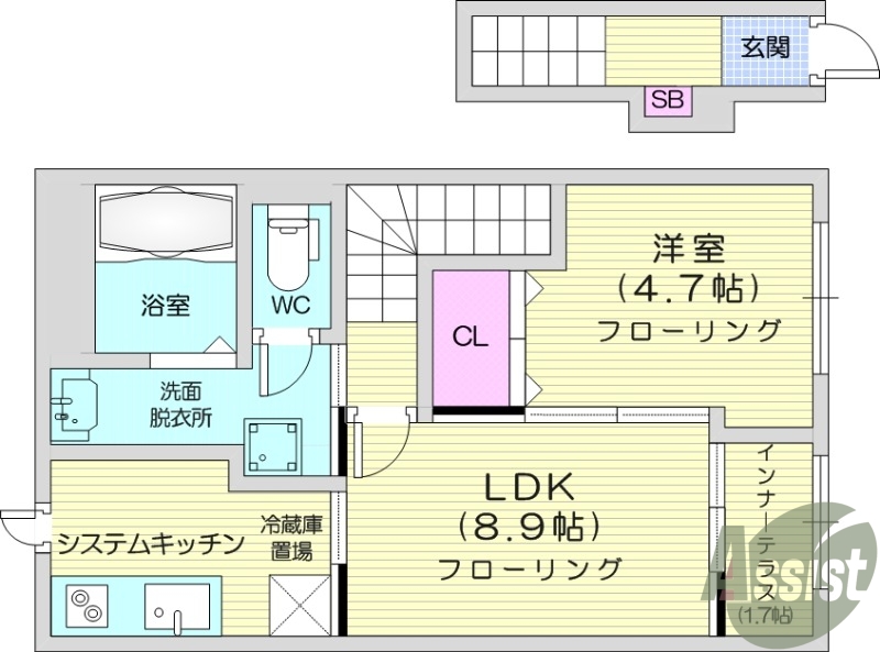 １LDK、バストイレ別、クローゼット、収納、室内洗濯機置場