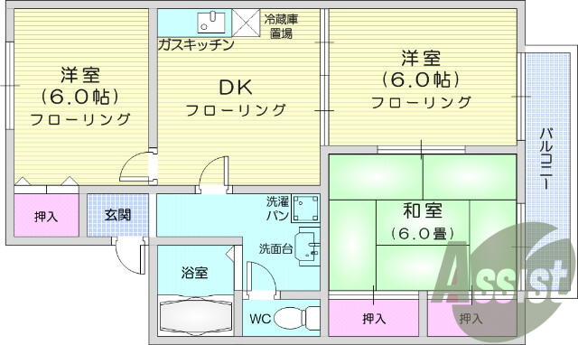 3DK、ペット可、駐車場一台無料、室内洗濯機置場