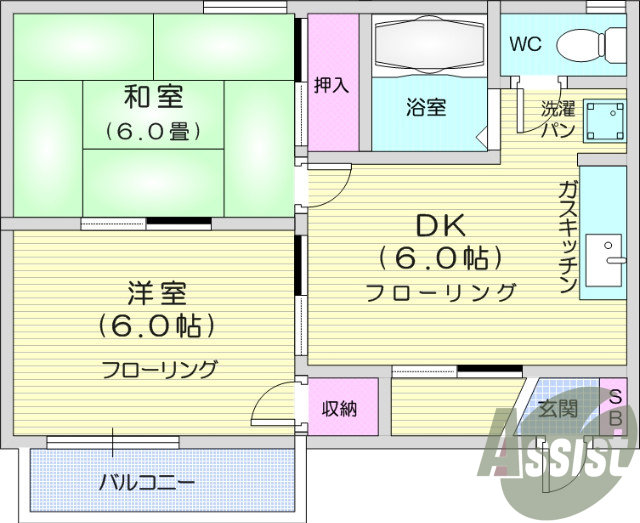 ２DK、南向き、角部屋、都市ガス、温水洗浄便座、追い焚き機能