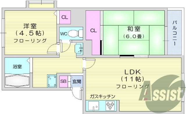 バストイレ別、２LDK、モニター付きインターホン