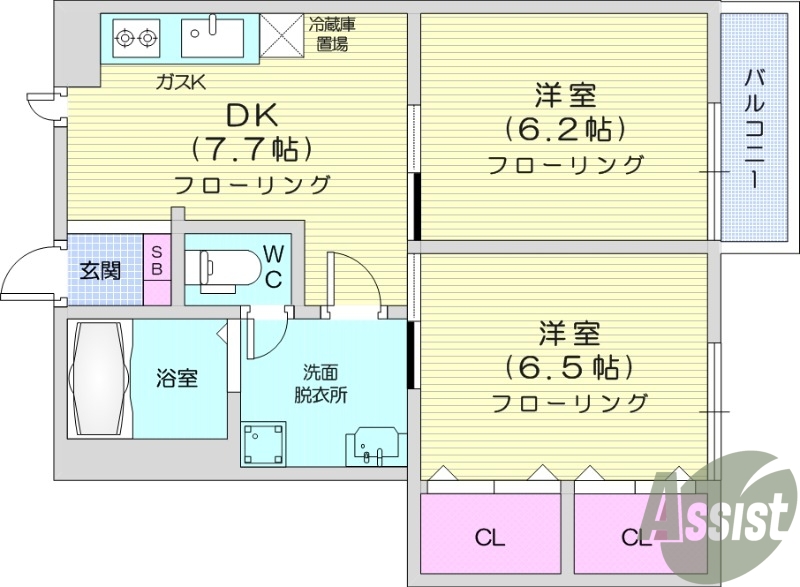 2DK、インターネット無料。温水洗浄便座、追い焚き機能