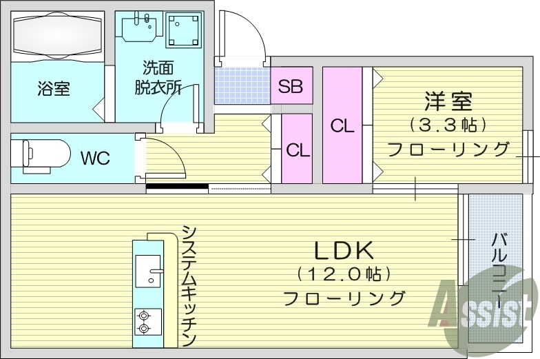 １LDK、エアコン、独立洗面台、カウンターキッチン
