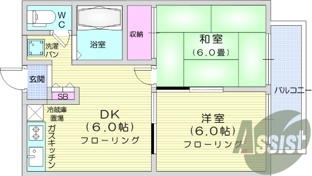 ２ＤＫ、エアコン、バストイレ別、室内洗濯機置き場