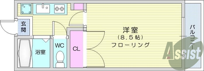 1K、エアコン、フローリング、給湯、バルコニー