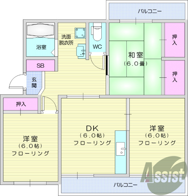 3DK、都市ガス、バルコニー、フローリング、給湯