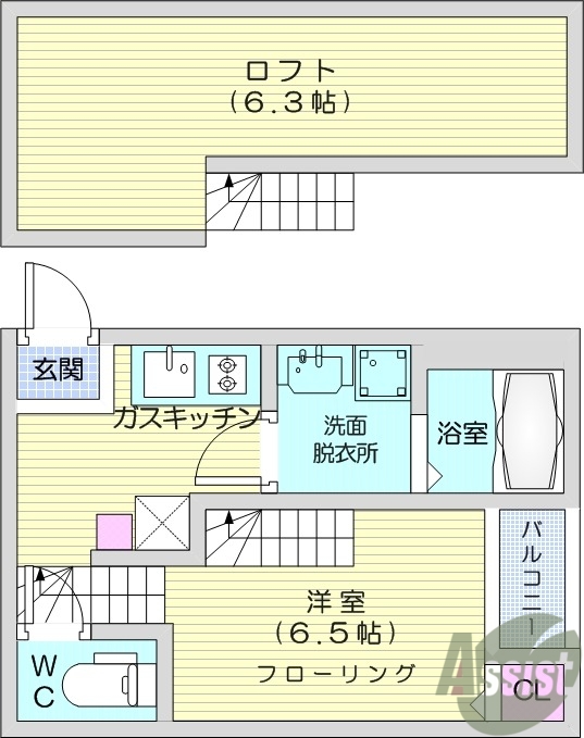 1K、システムキッチン、独立洗面、エアコン