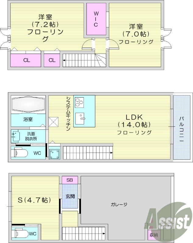 ２LDK、納戸、バルコニー、ガレージ、クローゼット
