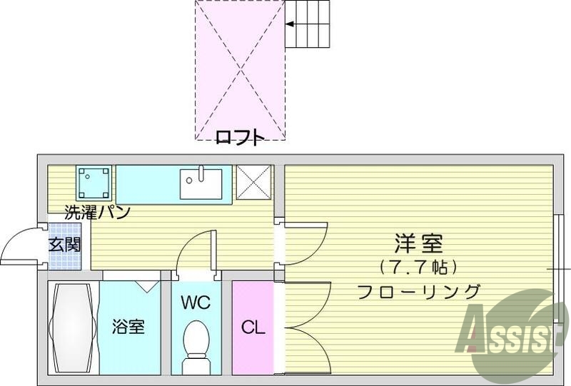 １Ｋ、ロフト付き、バストイレ別、収納、インターホン