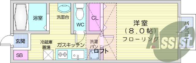 1K、バストイレ別、室内洗濯機置き場、ロフト