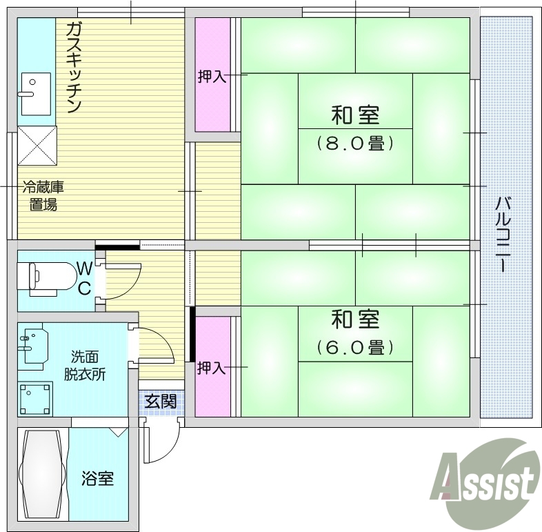 2DK、バストイレ別、バルコニー付き、独立洗面化粧台