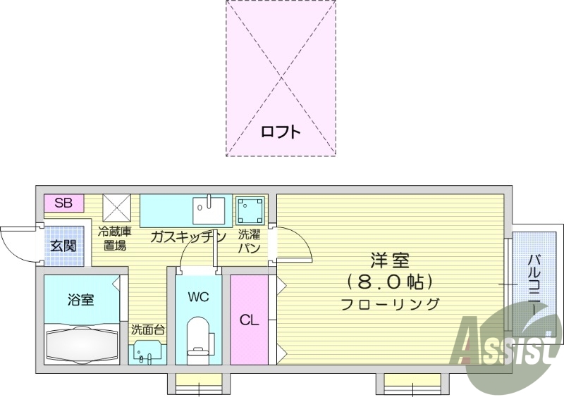 1K、ロフト、バルコニー、フローリング。