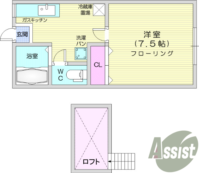 1K、バストイレ別、エアコン付き、ロフトあり