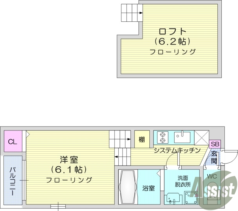 1R、デザイナーズ、浴室乾燥機、南西向き、システムキッチン