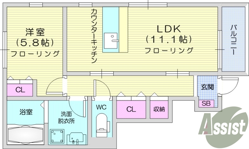 1LDK、ネット使用料不要、フローリング。