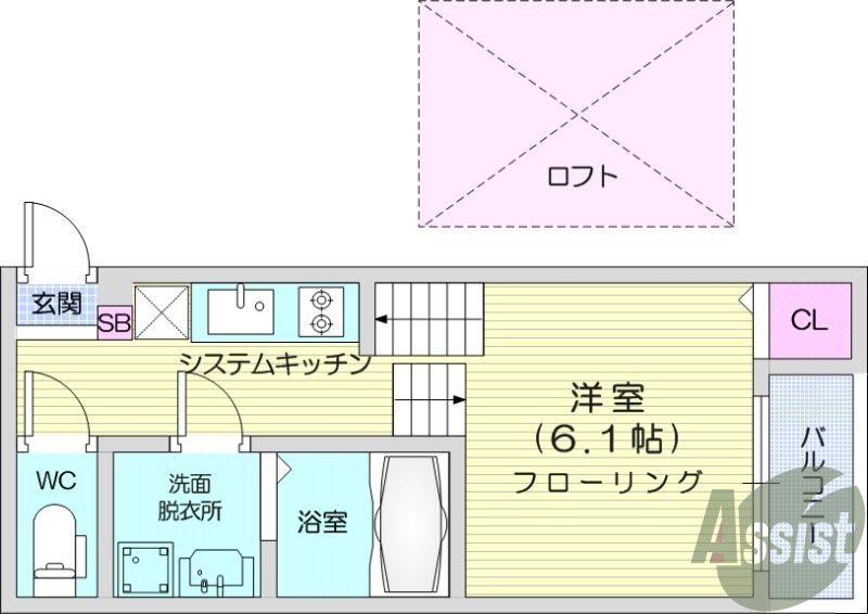1K、ロフト、システムキッチン、エアコン。