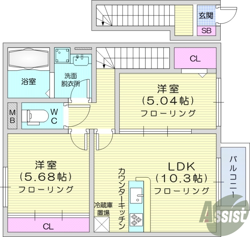 ２LDK、浴室乾燥機、温水洗浄便座、カウンターキッチン