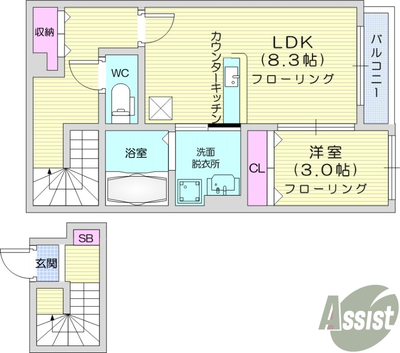 １LDK、浴室乾燥機、独立洗面台、カウンターキッチン
