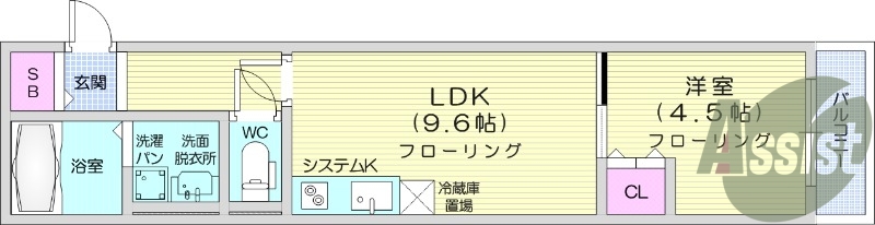 1LDK、IHコンロ2口、都市ガス、オートロック、床下収納