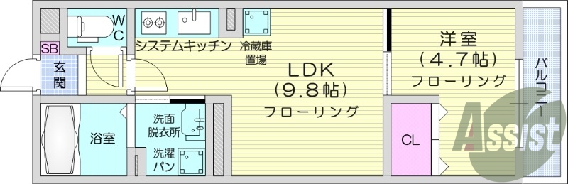 1LDK、IHコンロ2口、都市ガス、オートロック、床下収納