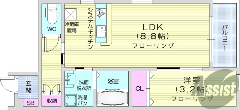 1LDK、2口コンロ、追い焚き、浴室乾燥機、ネット無料、給湯