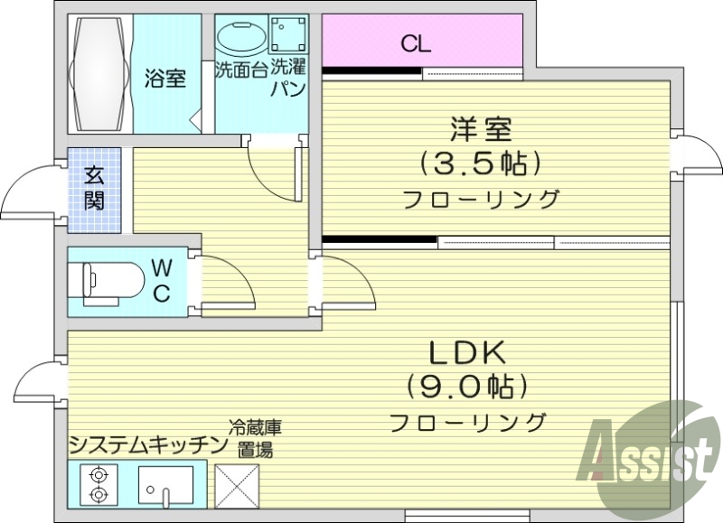 １LDK、都市ガス、2口ガスコンロ、ネット無料