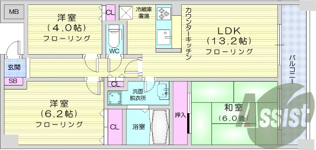 3LDK、モニター付きインターホン、バストイレ別。