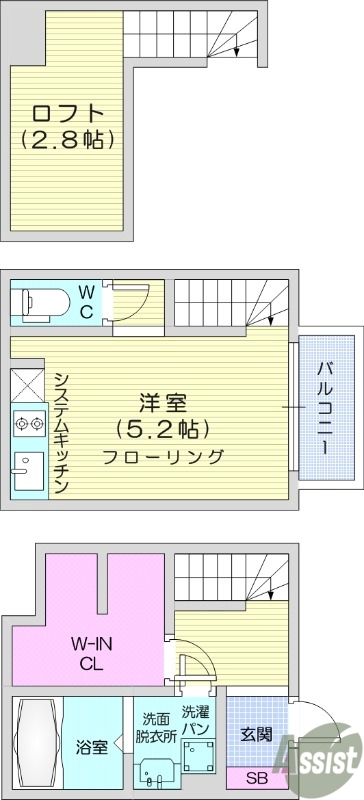1R、ロフト、独立洗面台、WIC、浴室乾燥機、暖房便座