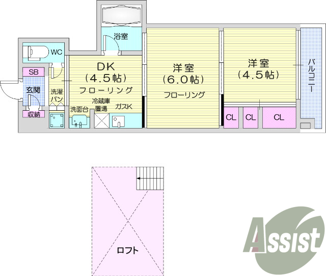 2DK、オートロック、ロフト、浴室乾燥機、バストイレ別