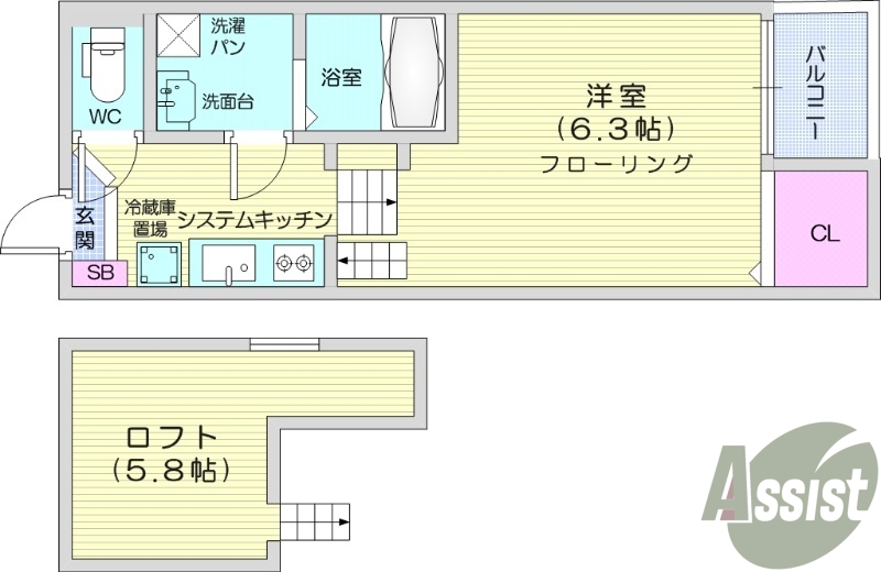ワンルーム、陽当たり良好、ロフト部分収納スペース有ります。