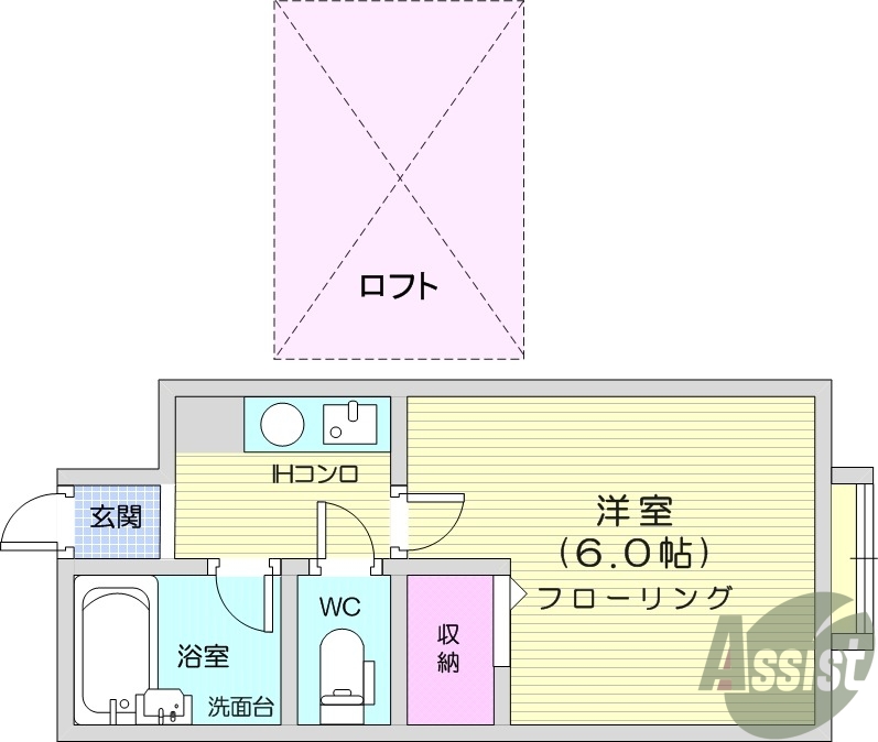1K、角部屋、バストイレ別、IHクッキングヒーター