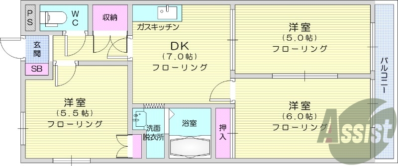 3DK、バス・トイレ別、ペット相談可、エアコン、BSアンテナ