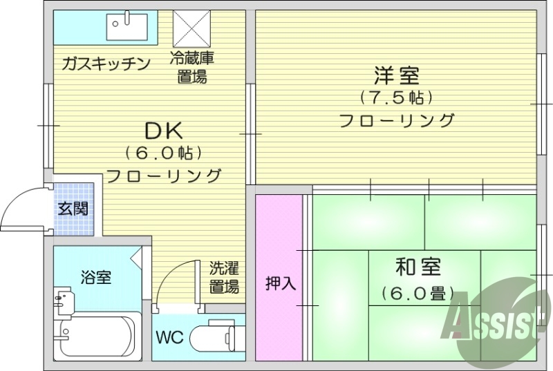 2DK、追い焚き機能、南向き、エアコン。