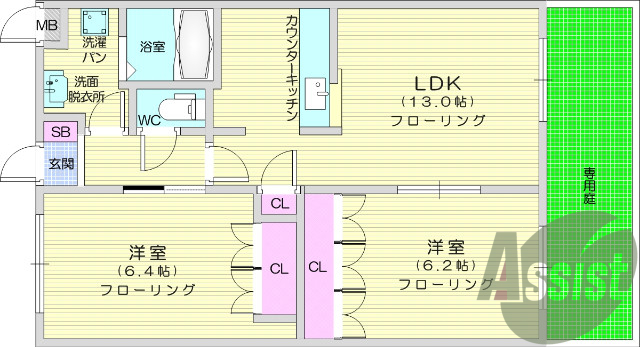 2LDK、カウンターキッチン、バストイレ別、浴室乾燥機