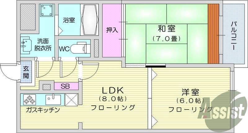 3K、エアコン、バストイレ別、オートロック、バルコニー