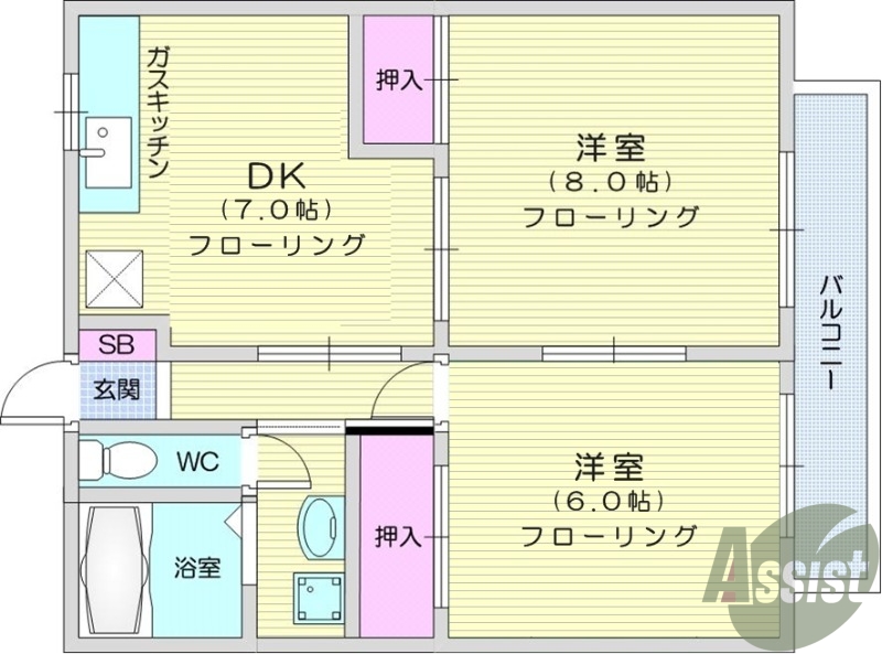 2DK、エアコン、トイレ浴室別、室内洗濯機置場、クローゼット