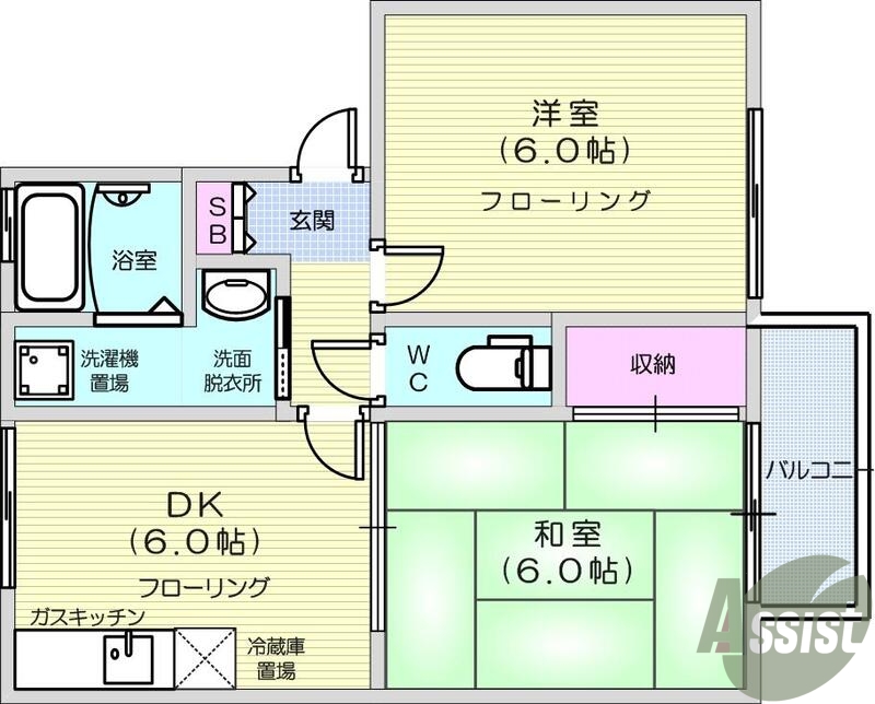 2DK、バス・トイレ別、エアコン、バルコニー、追焚機能