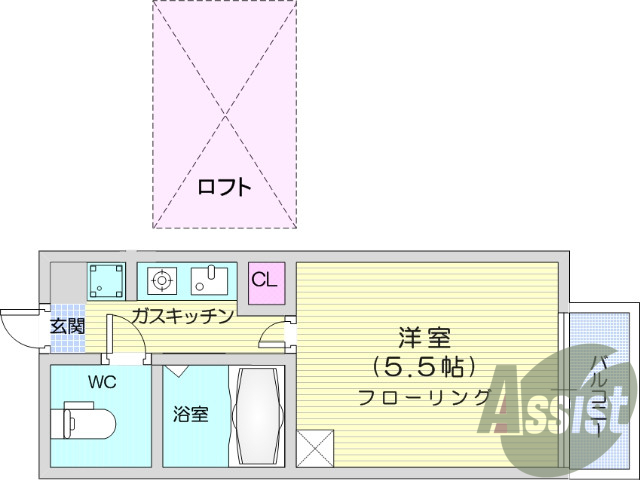 1K、家電付、TVインターホン、バス・トイレ別。