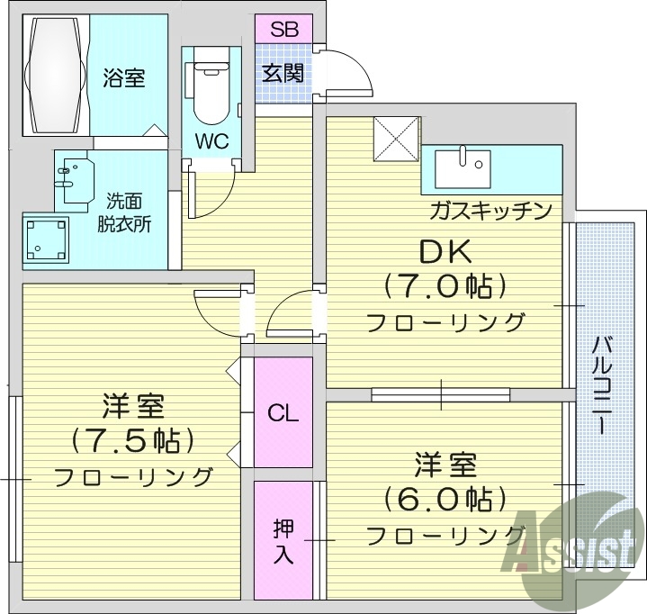2DK、ダイニングキッチン、ネット無料、追い焚き、宅配BOX