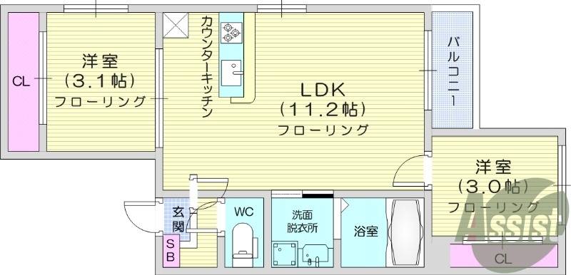 2LDK、インターネット無料、オートロック、浴室乾燥、