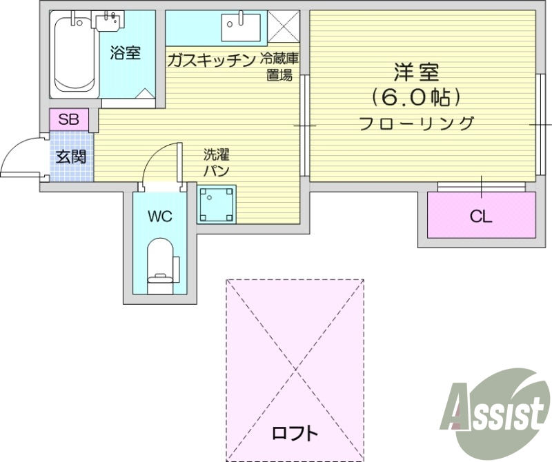 1K、ロフト、冷暖房エアコン、シャワートイレ、バス・トイレ別