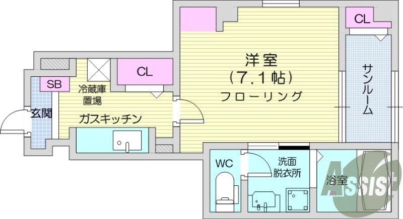1K、角部屋、追い焚き、冷暖房エアコン、ネット無料、プロパン