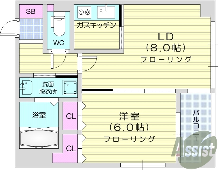 1LDK、バス・トイレ別、システムキッチン、都市ガス。