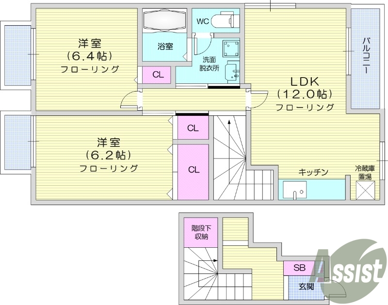2LDK、トランクルーム、バルコニー、階段下収納