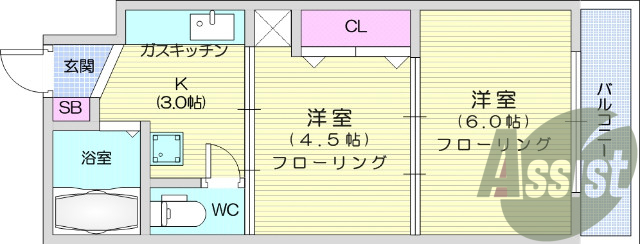 2K、都市ガス、エアコン、シューズボックス、フローリング
