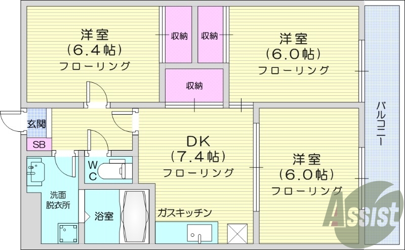3DK、モニタ付インターホン、追い焚き機能付き